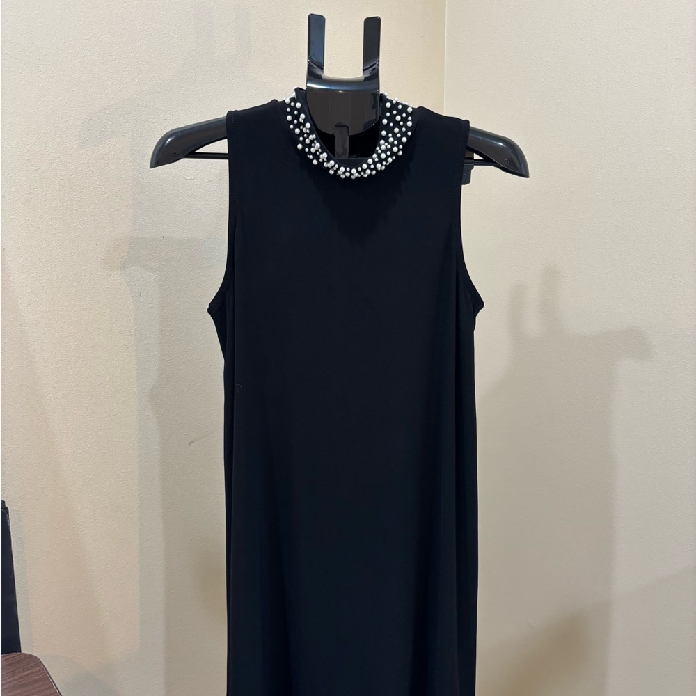 Tiana B. Black Sleeveless Midi Dress with Pearl-Embellished Collar